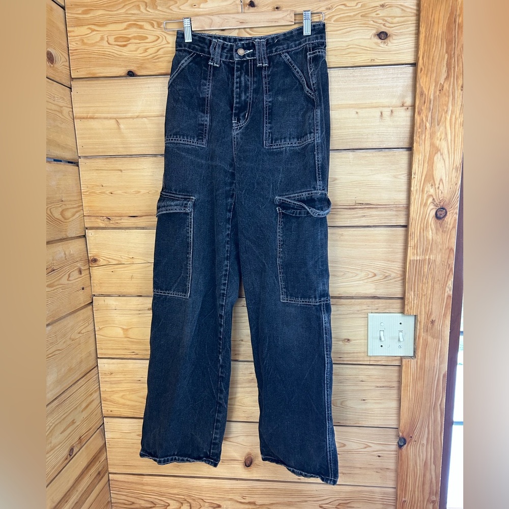 Washed Black High Waisted Wide Leg Cargo Jeans with Contrast Stitching